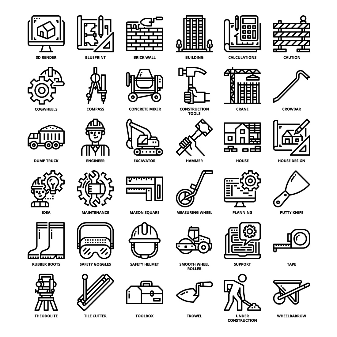 36 Construction Icons Set x 4 Styles preview image.