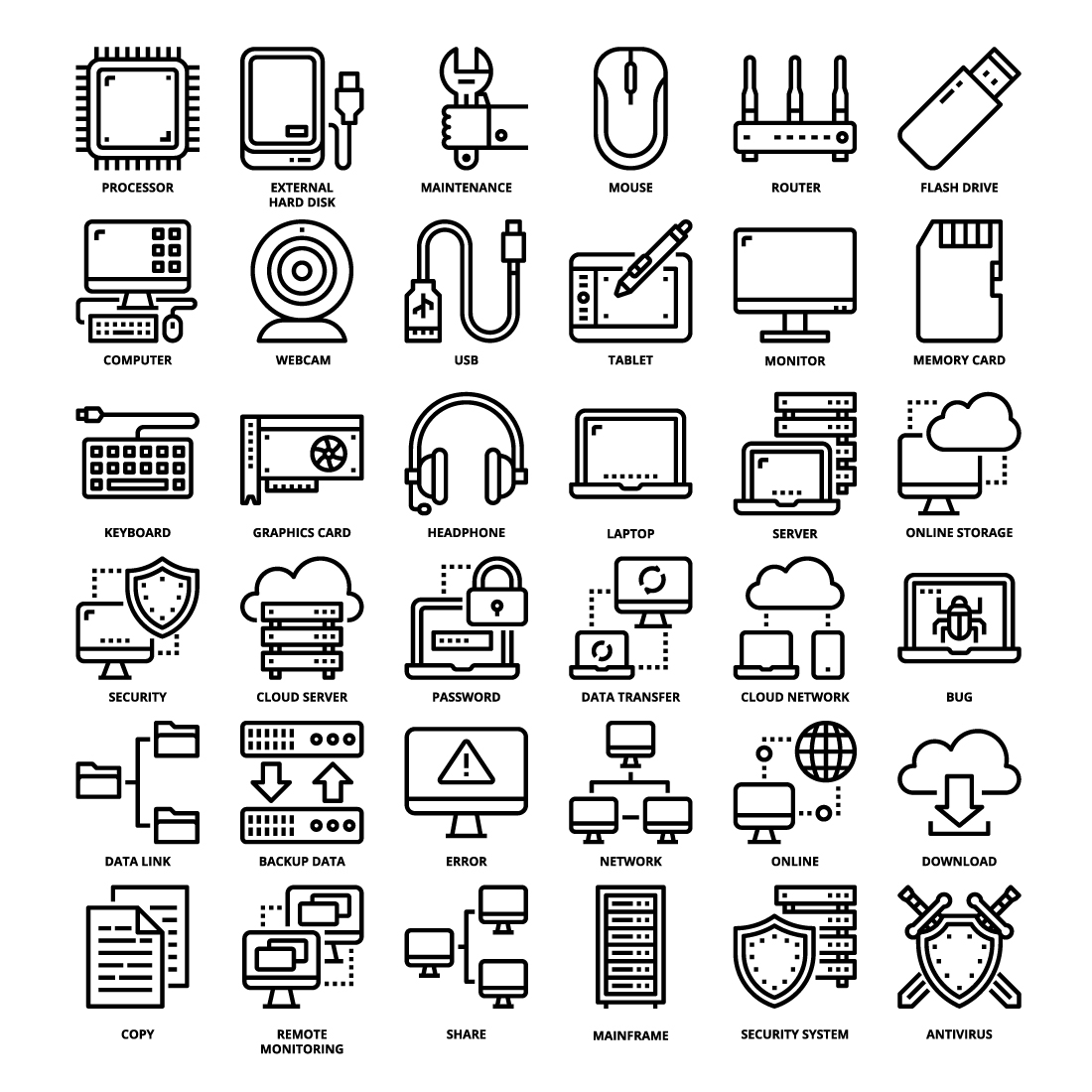 36 Computer Technology Icons Set x 4 Styles preview image.