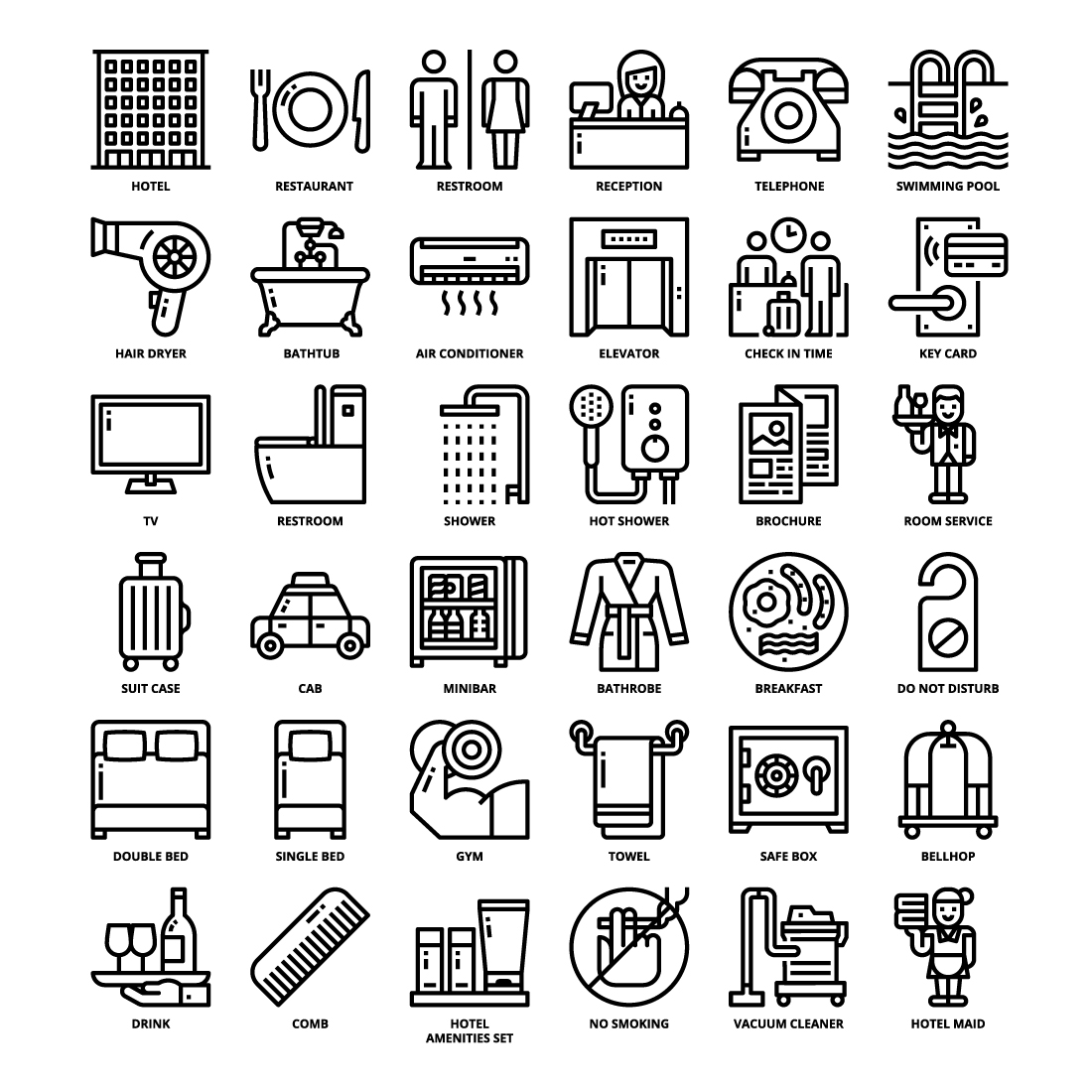 36 Hotel Icons Set x 4 Styles pinterest preview image.