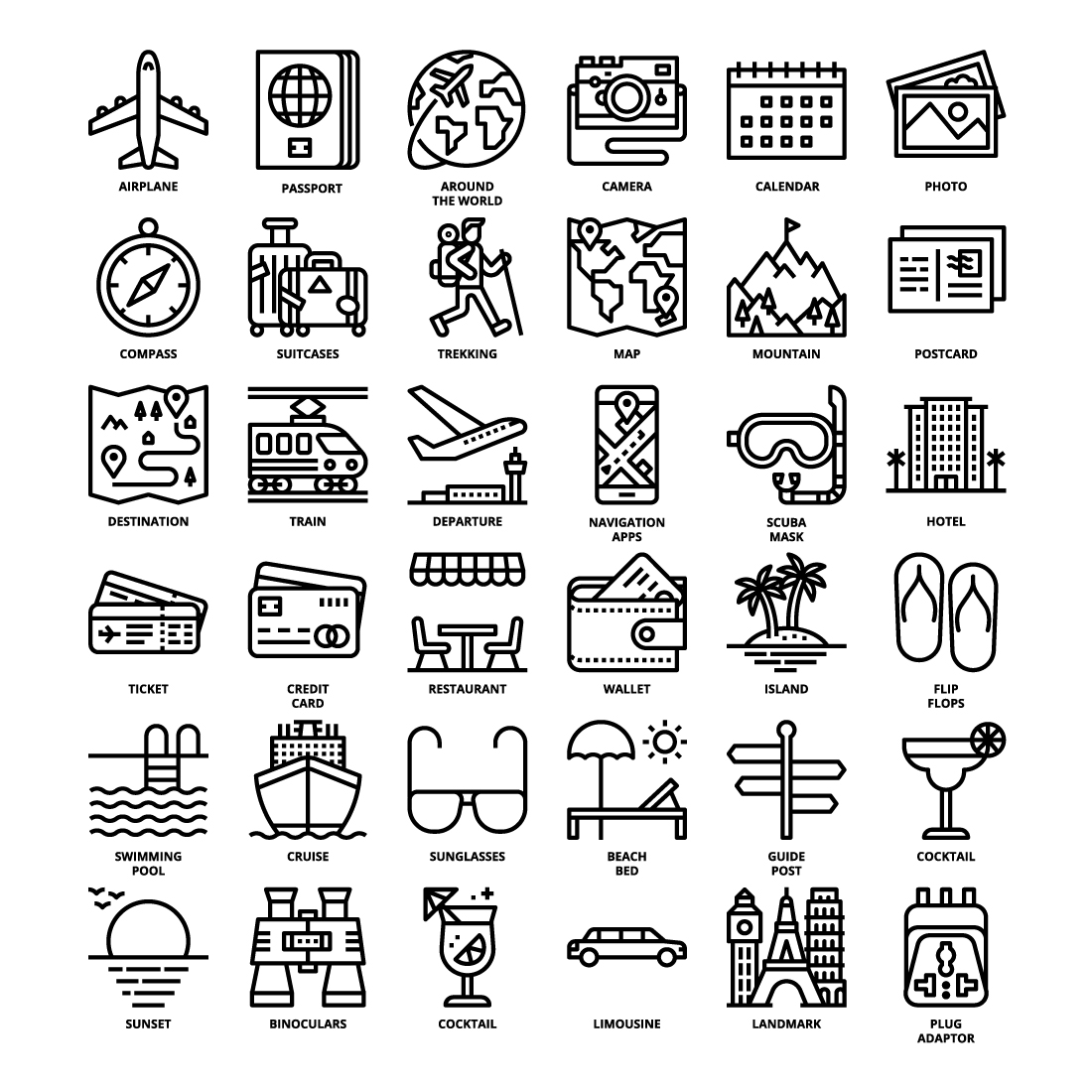 36 Travel Icons Set x 4 Styles preview image.