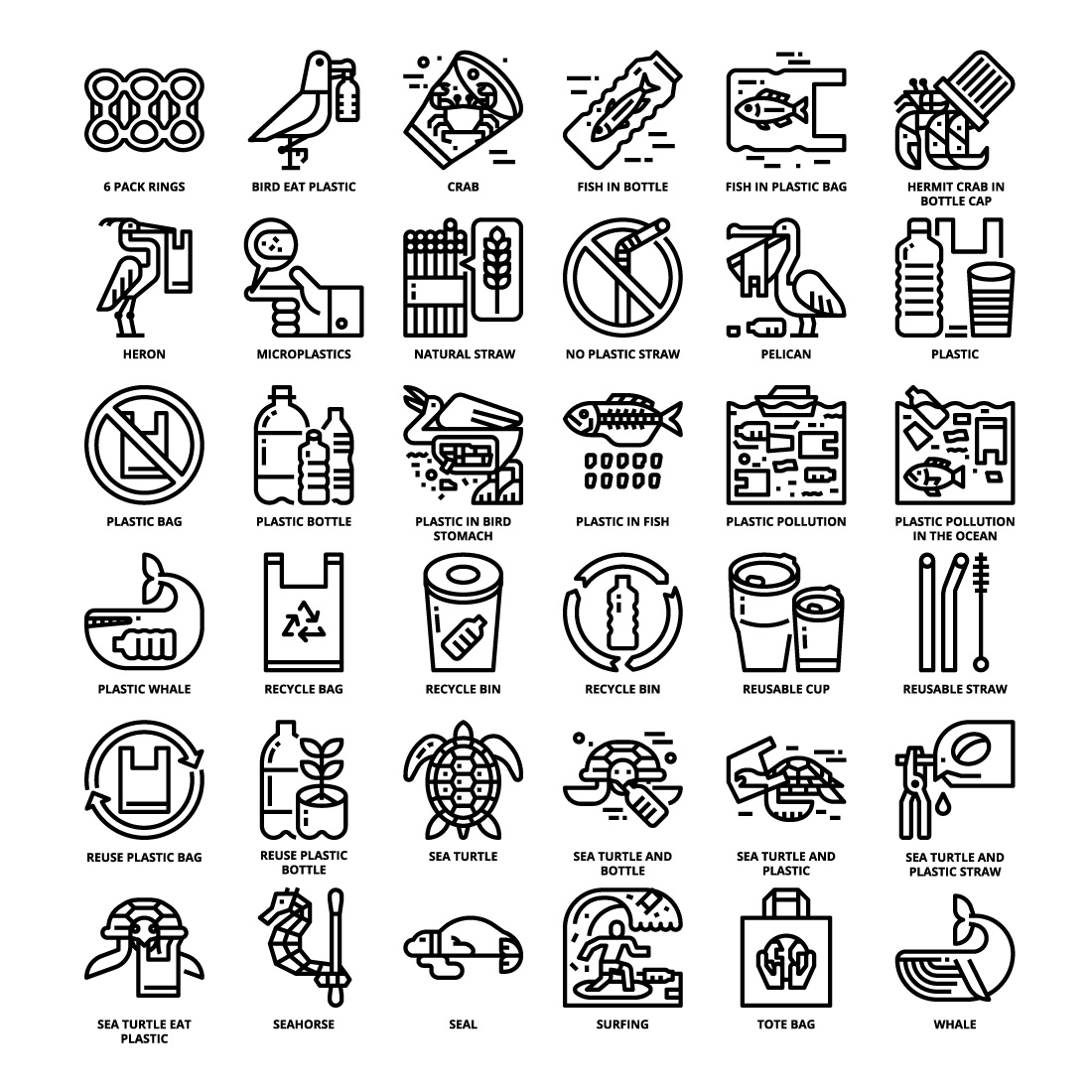 36 Plastic Pollution Icons Set x 4 Styles preview image.