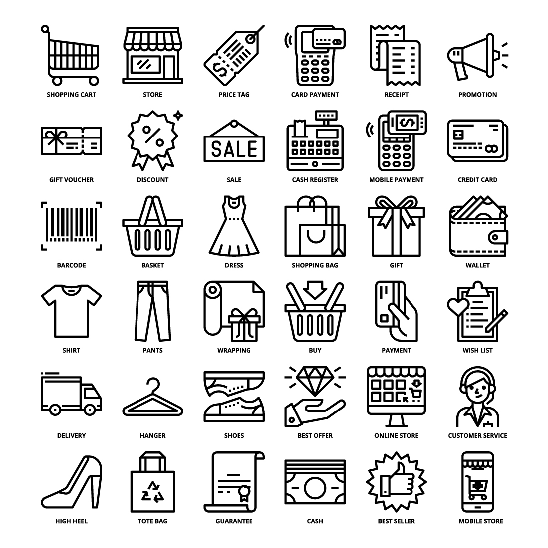 36 Shopping Icons Set x 4 Styles pinterest preview image.