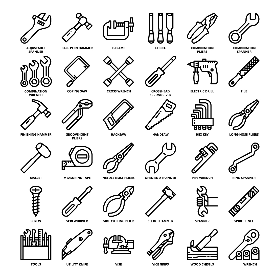 36 Tools Icons Set x 4 Styles pinterest preview image.