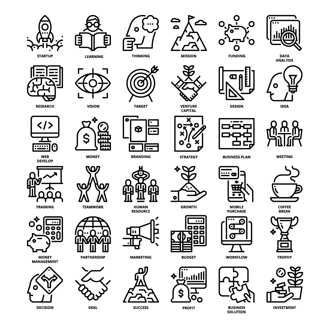 36 Startup Icons Set x 4 Styles pinterest preview image.