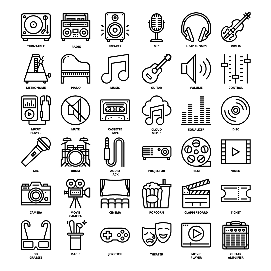 36 Music and Multimedia Icons Set x 4 Styles preview image.