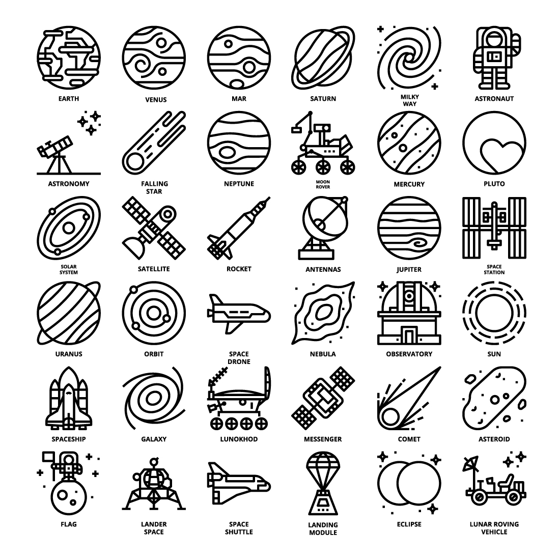 36 Space Icons Set x 4 Styles pinterest preview image.