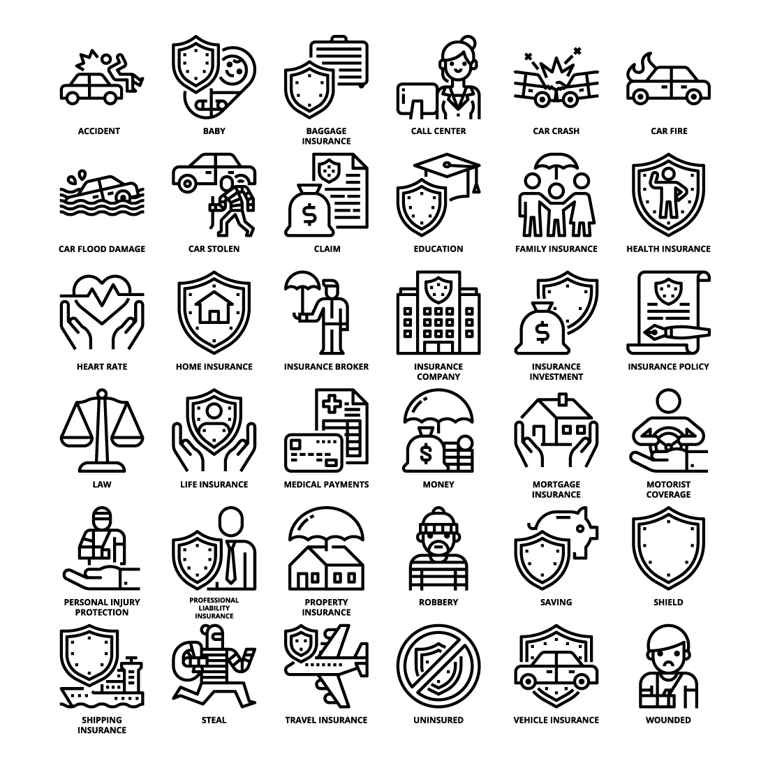 36 Insurance Icons Set x 4 Styles pinterest preview image.