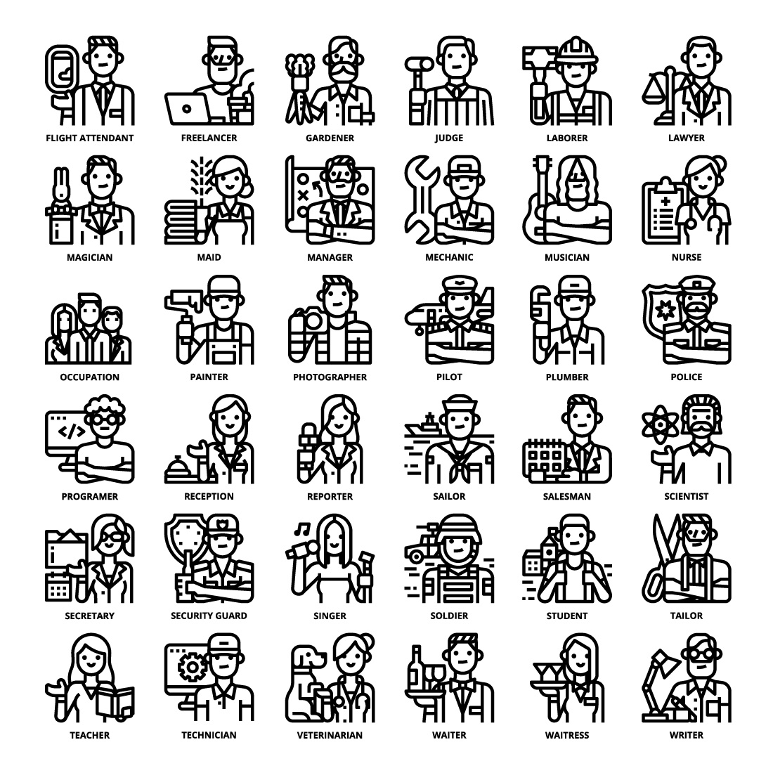 36 Occupation Icons Set x 4 Styles pinterest preview image.
