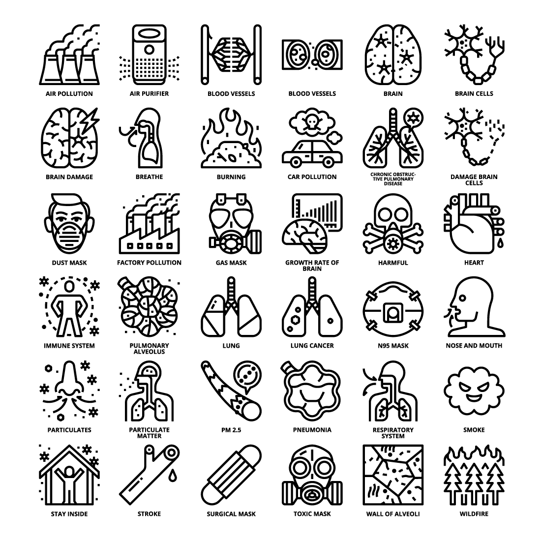 36 Air Pollution Icons Set x 4 Styles pinterest preview image.