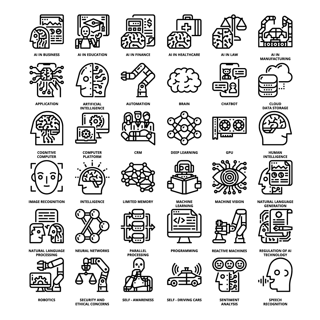 36 Artificial Intelligence Icons Set x 4 Styles preview image.