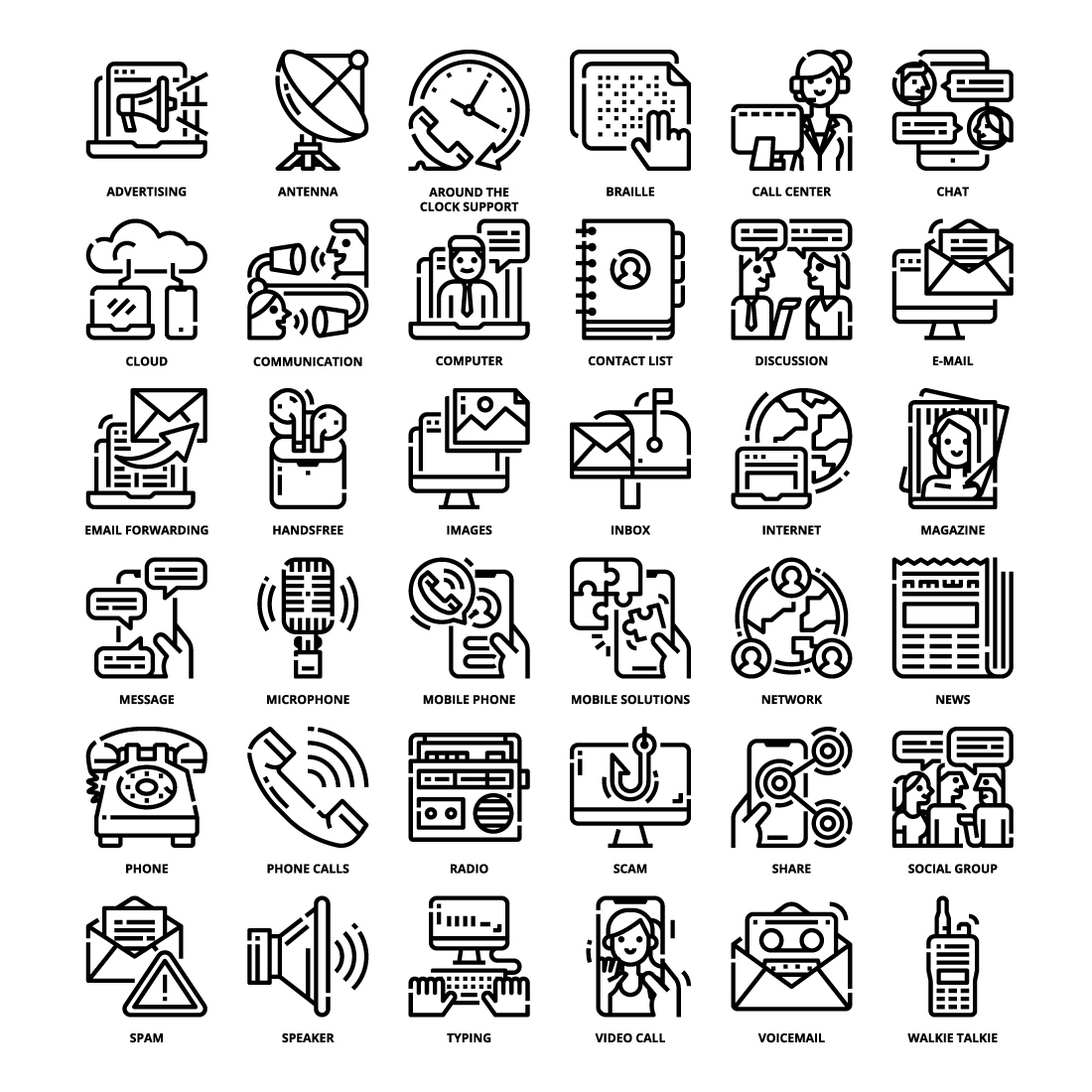 36 Communications Icons Set x 4 Styles pinterest preview image.