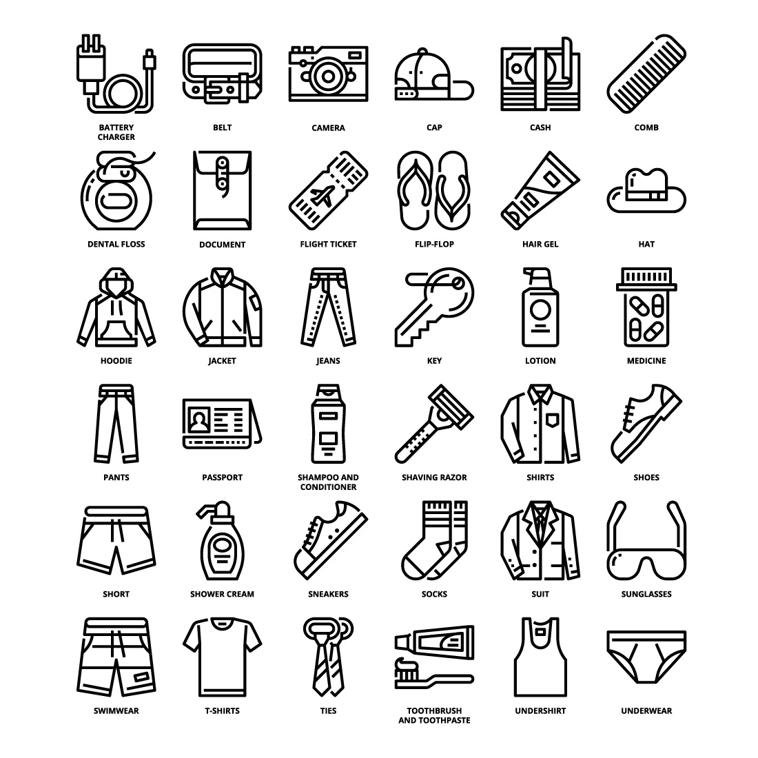 36 Men Travel Packing List Icons Set x 4 Styles preview image.