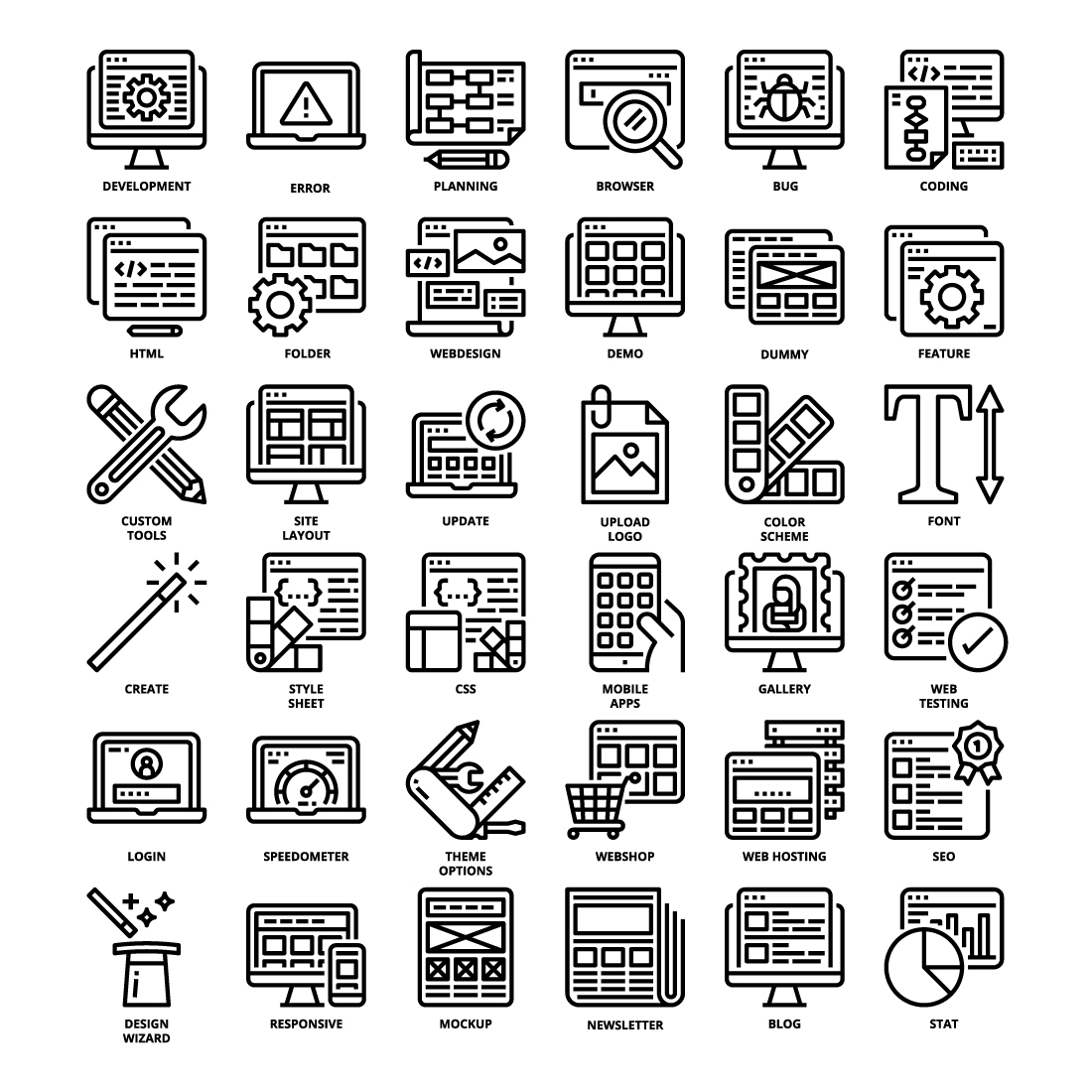 36 Web Development Icons Set x 4 Styles preview image.