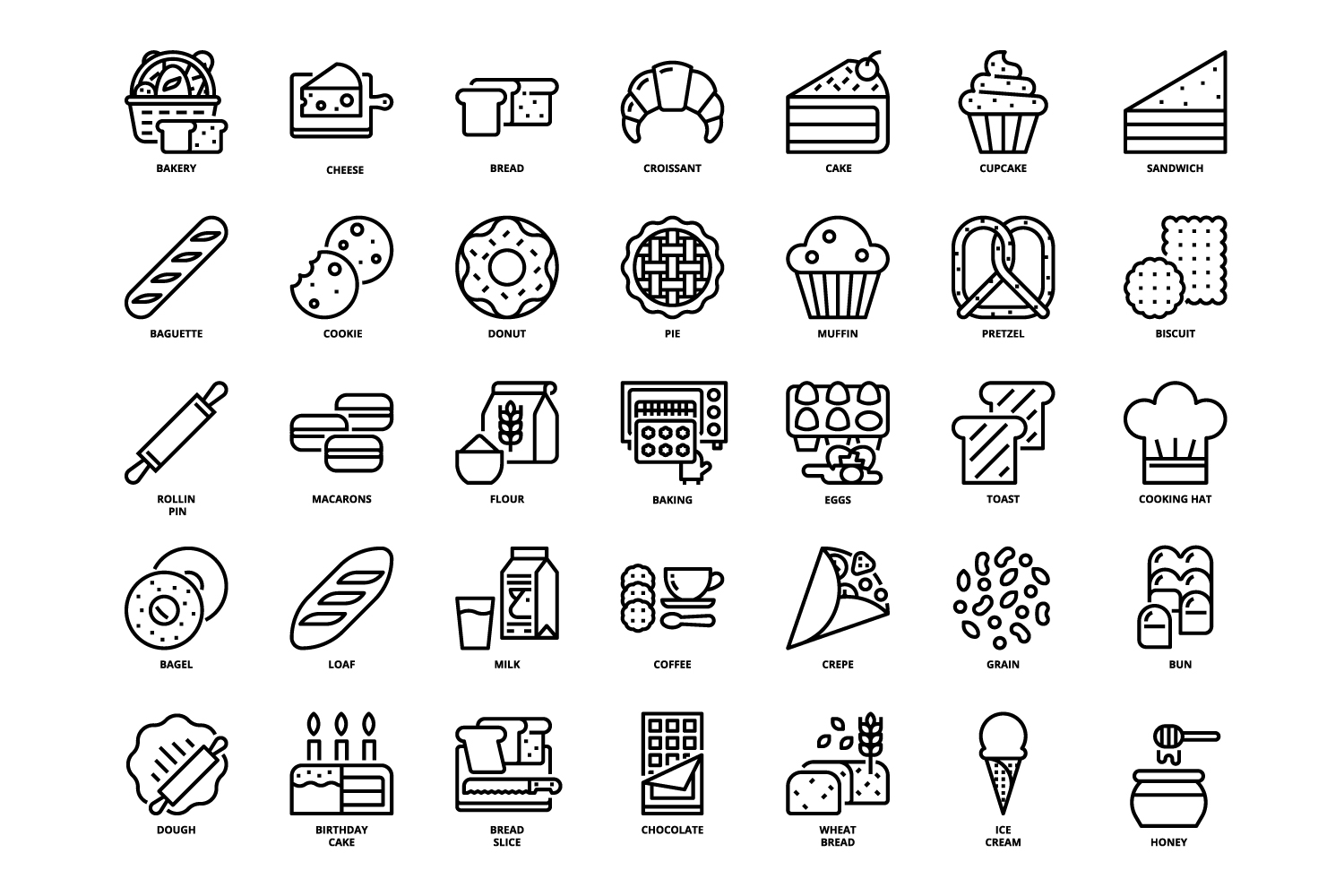 36 Bakery Icons Set x 4 Styles pinterest preview image.