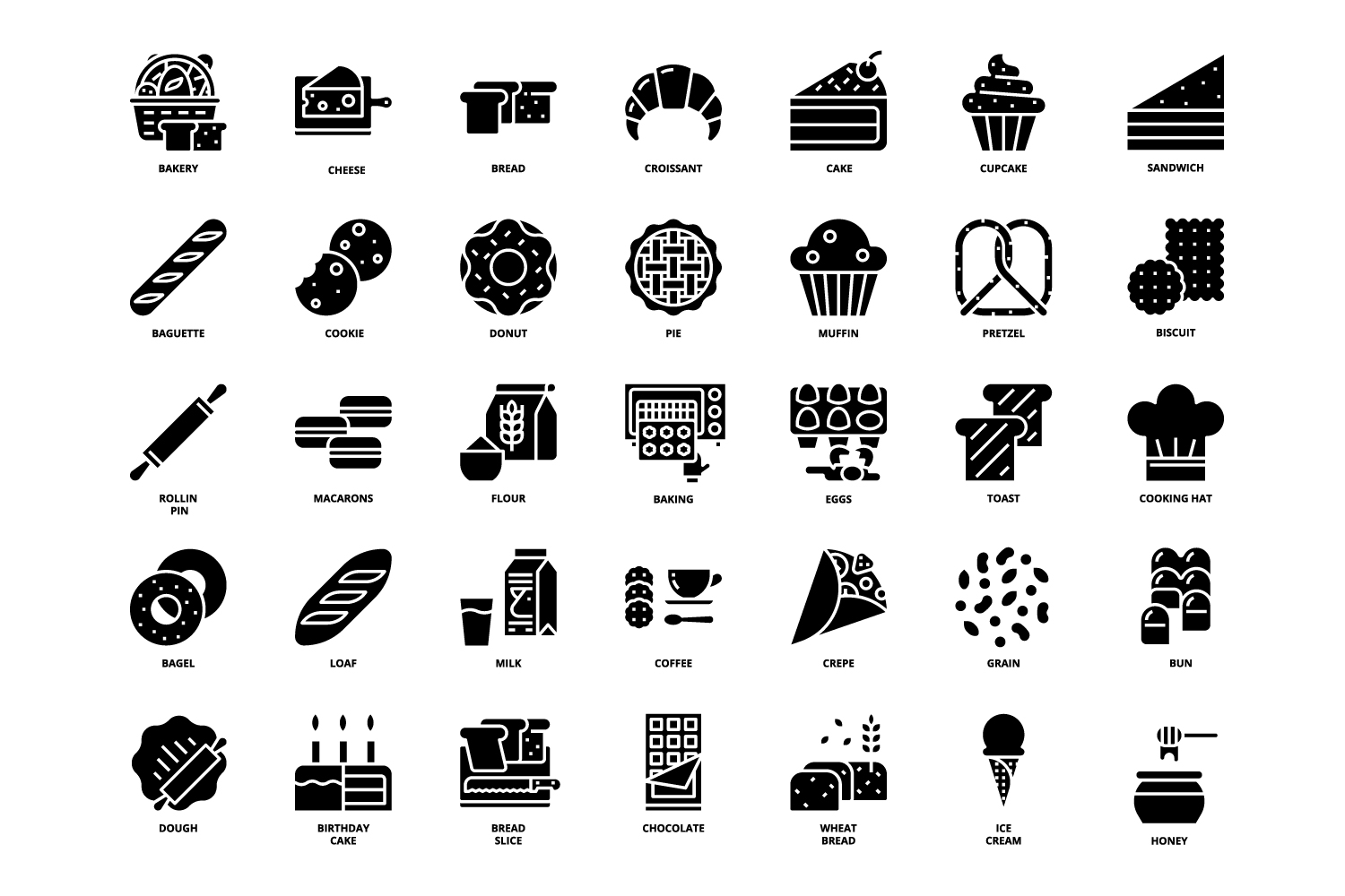 Set of black and white icons.