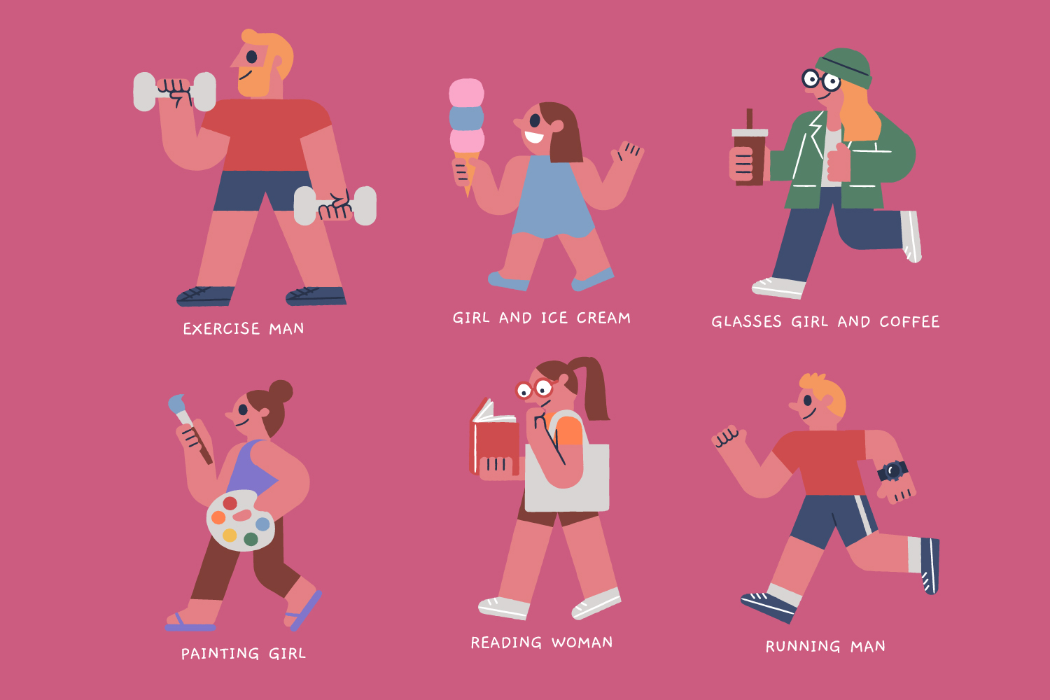 Series of illustrations of people doing different activities.