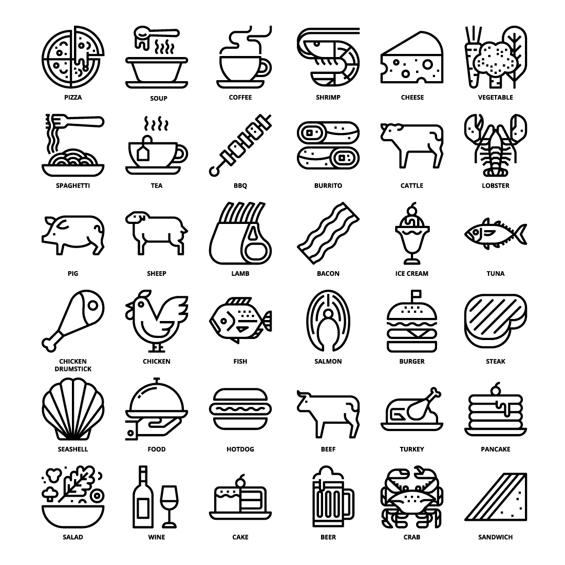 36 Food Icons Set x 4 Styles pinterest preview image.