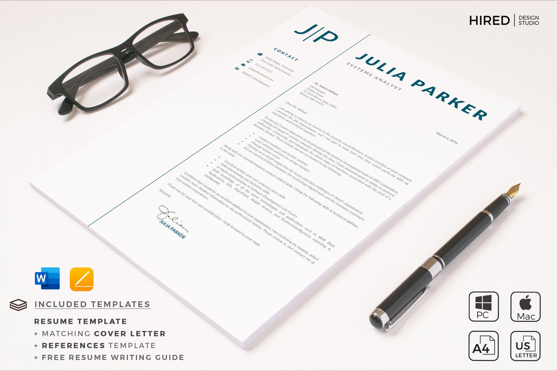 Professional resume with a pen and glasses on top of it.