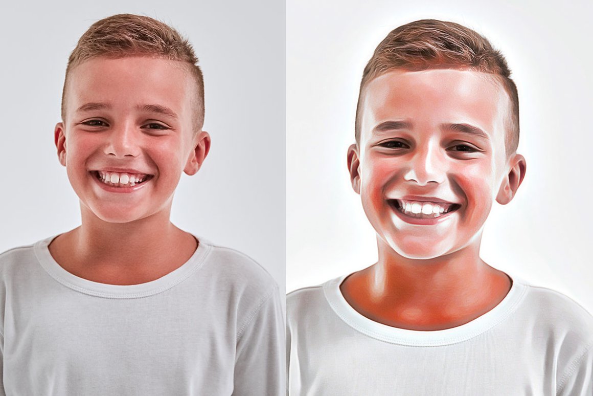 Two identical images of a young boy with a missing tooth.