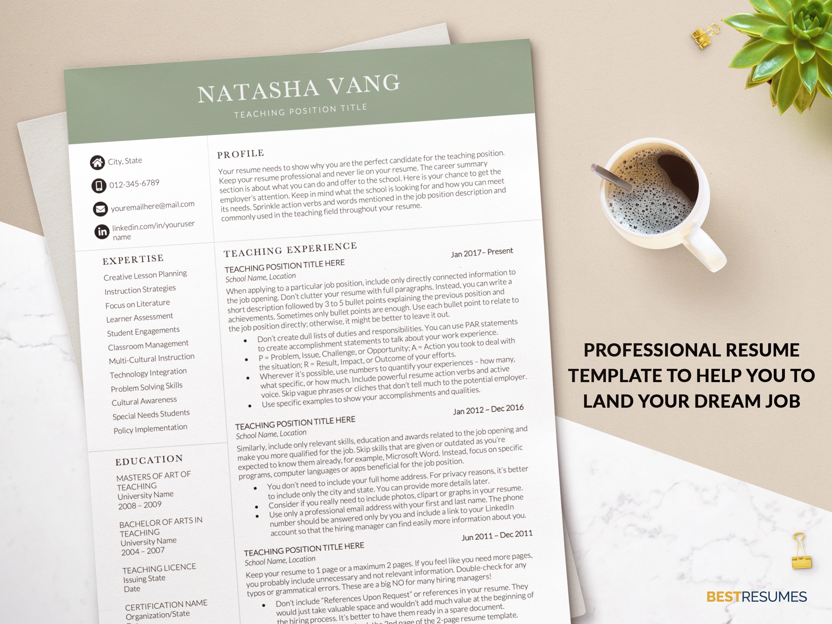 professional resume for teachers template one page resume natasha vang 594