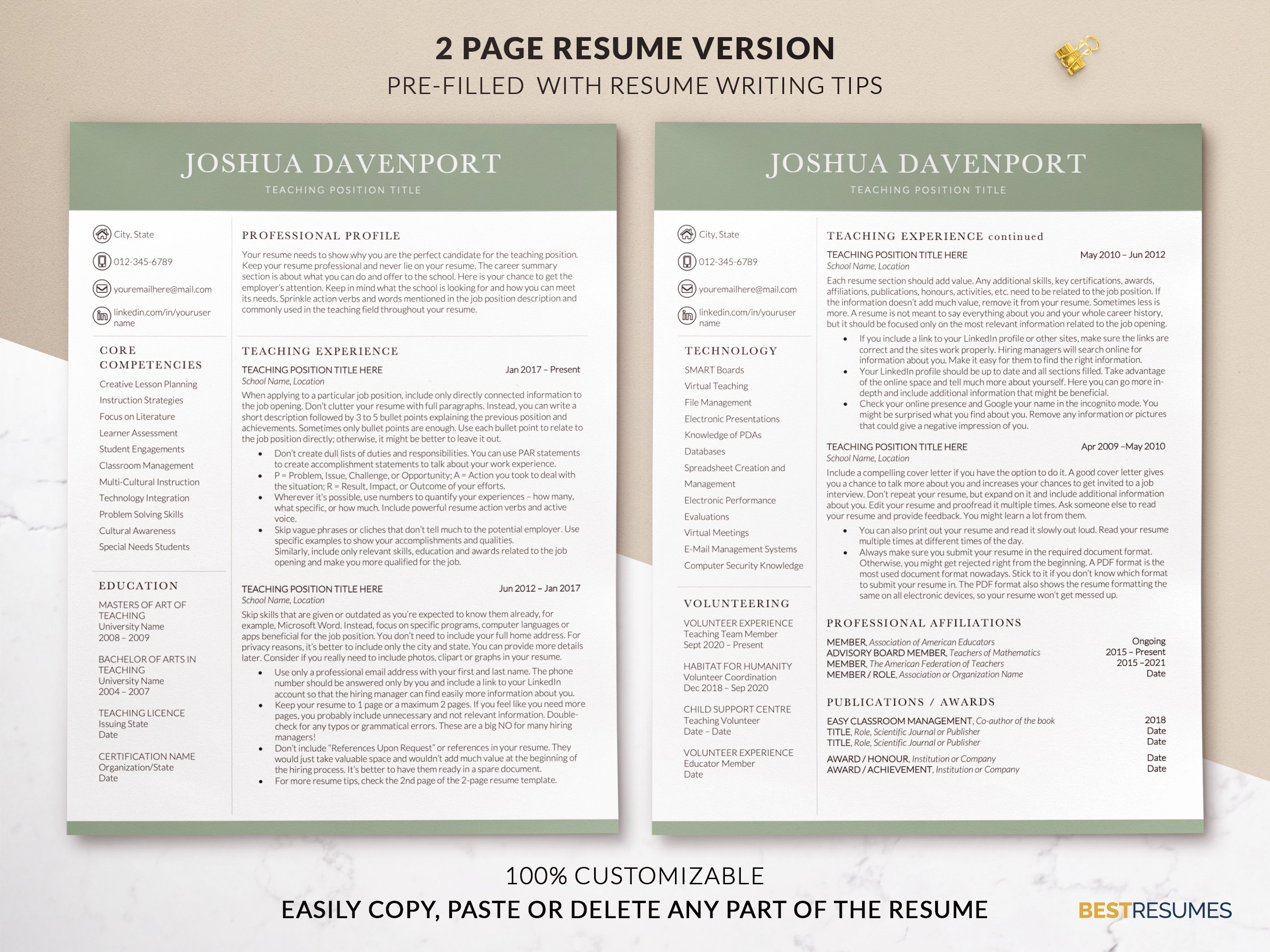 professional resume for teachers template two page resume joshua davenport 630
