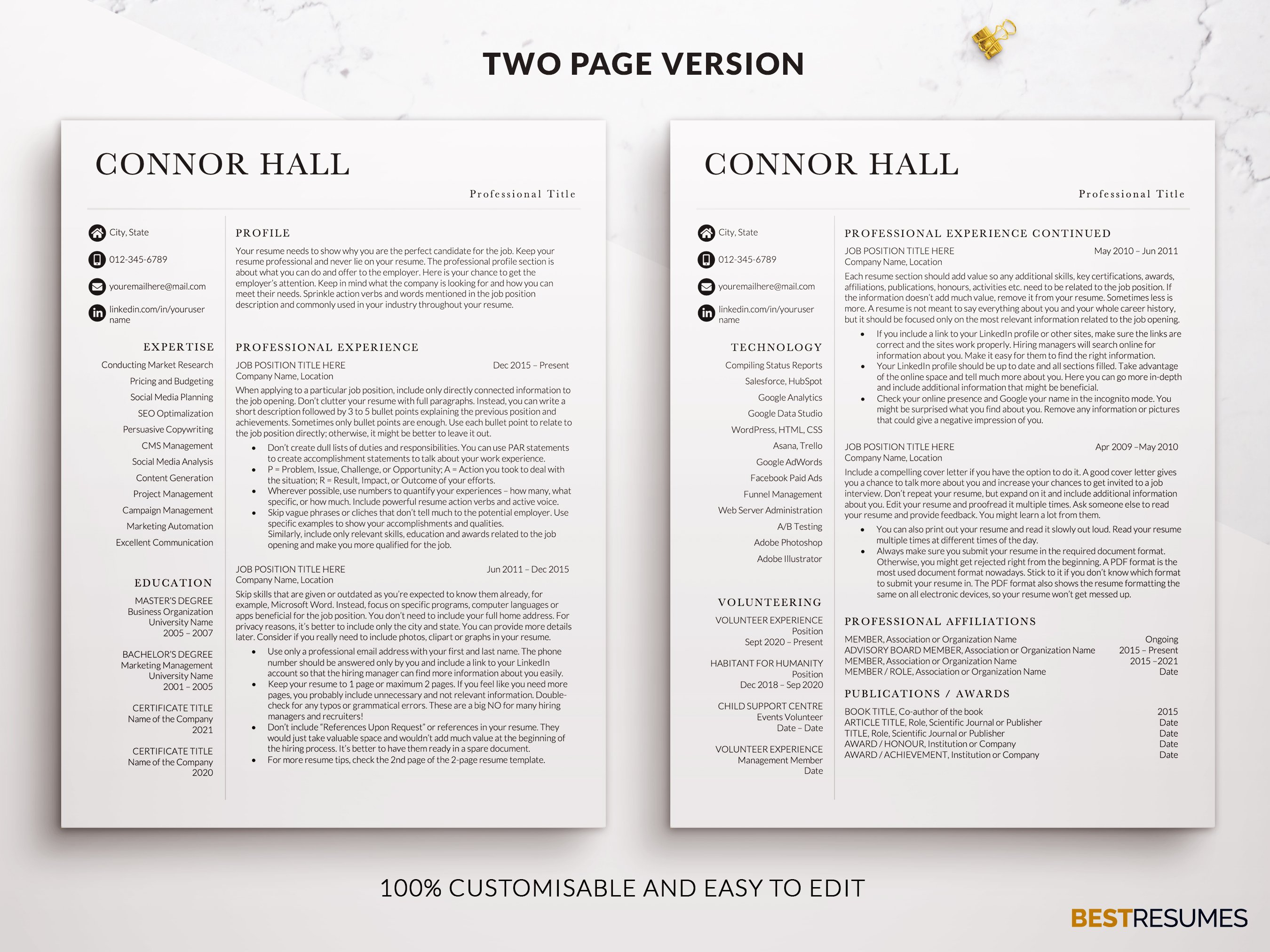 professional resume page simple two page connor hall 958