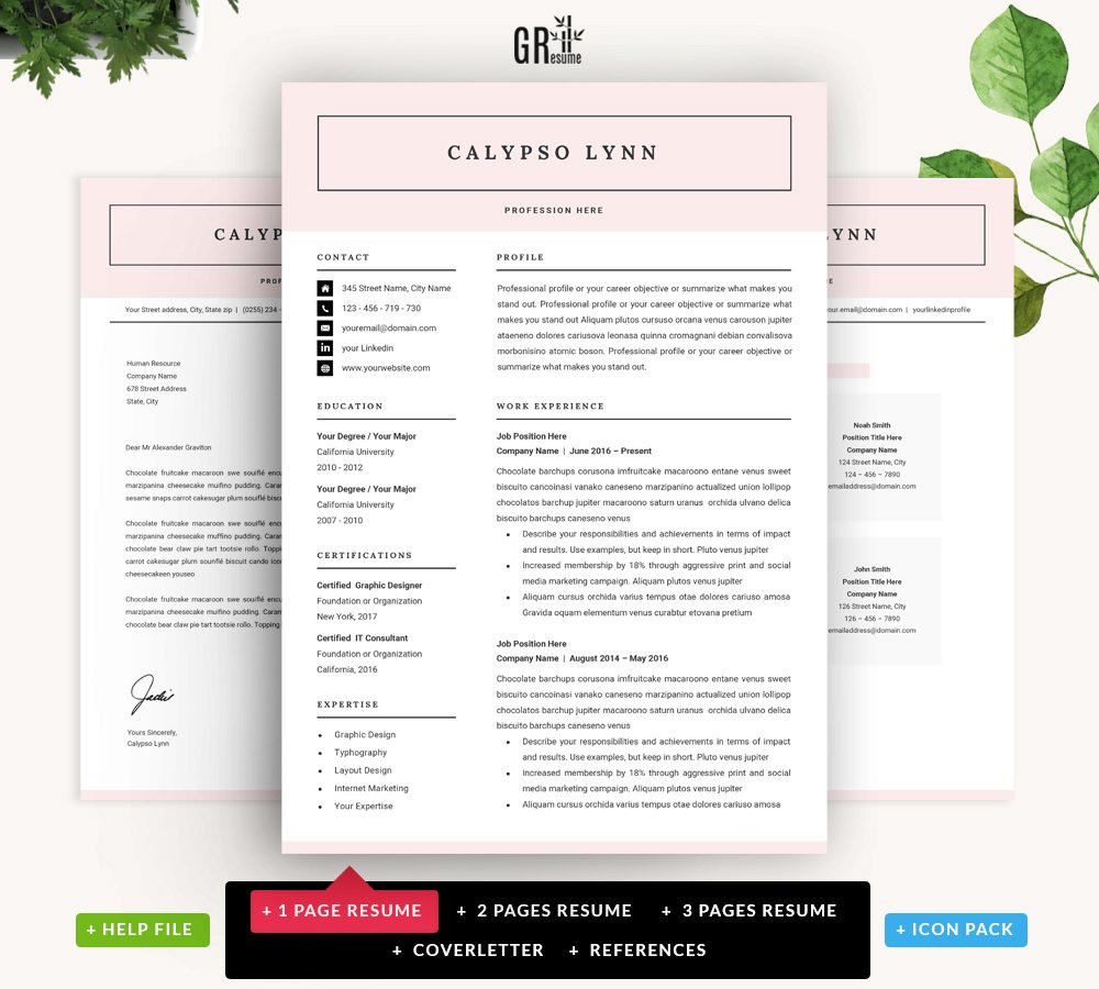 Professional resume template with a pink background.