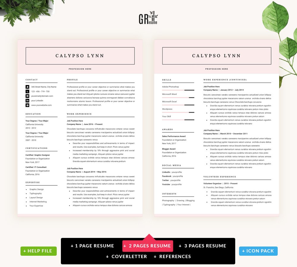 Pink and white resume template with a green plant.