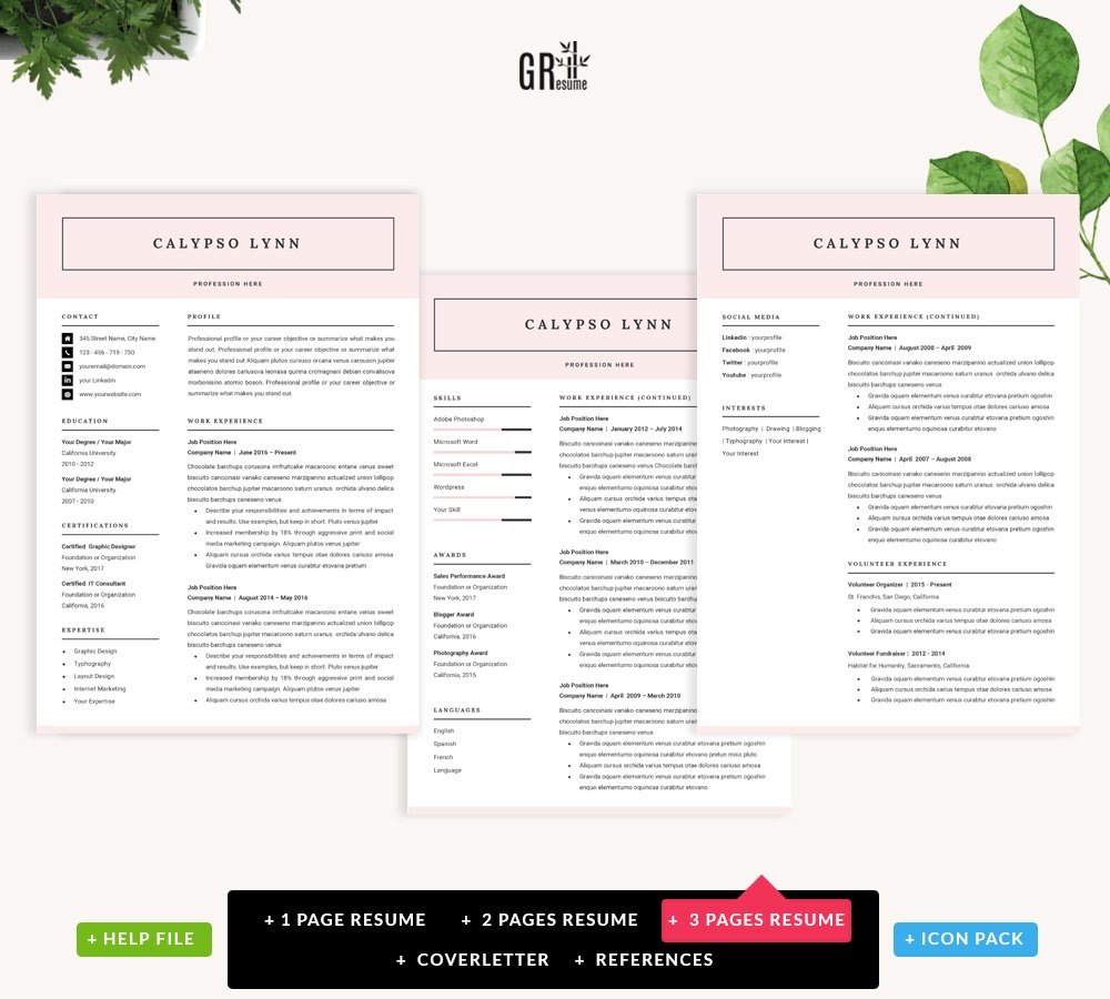 Set of three resume templates with green leaves.