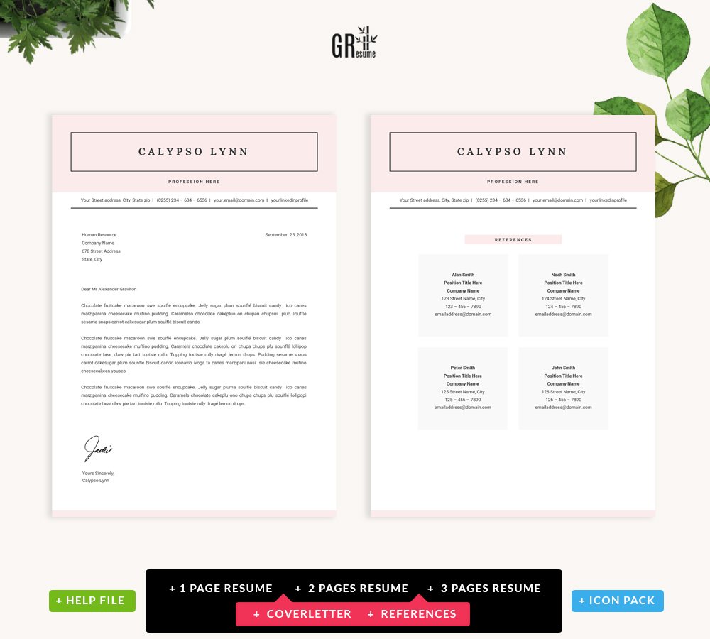 Resume template with a green plant on top of it.