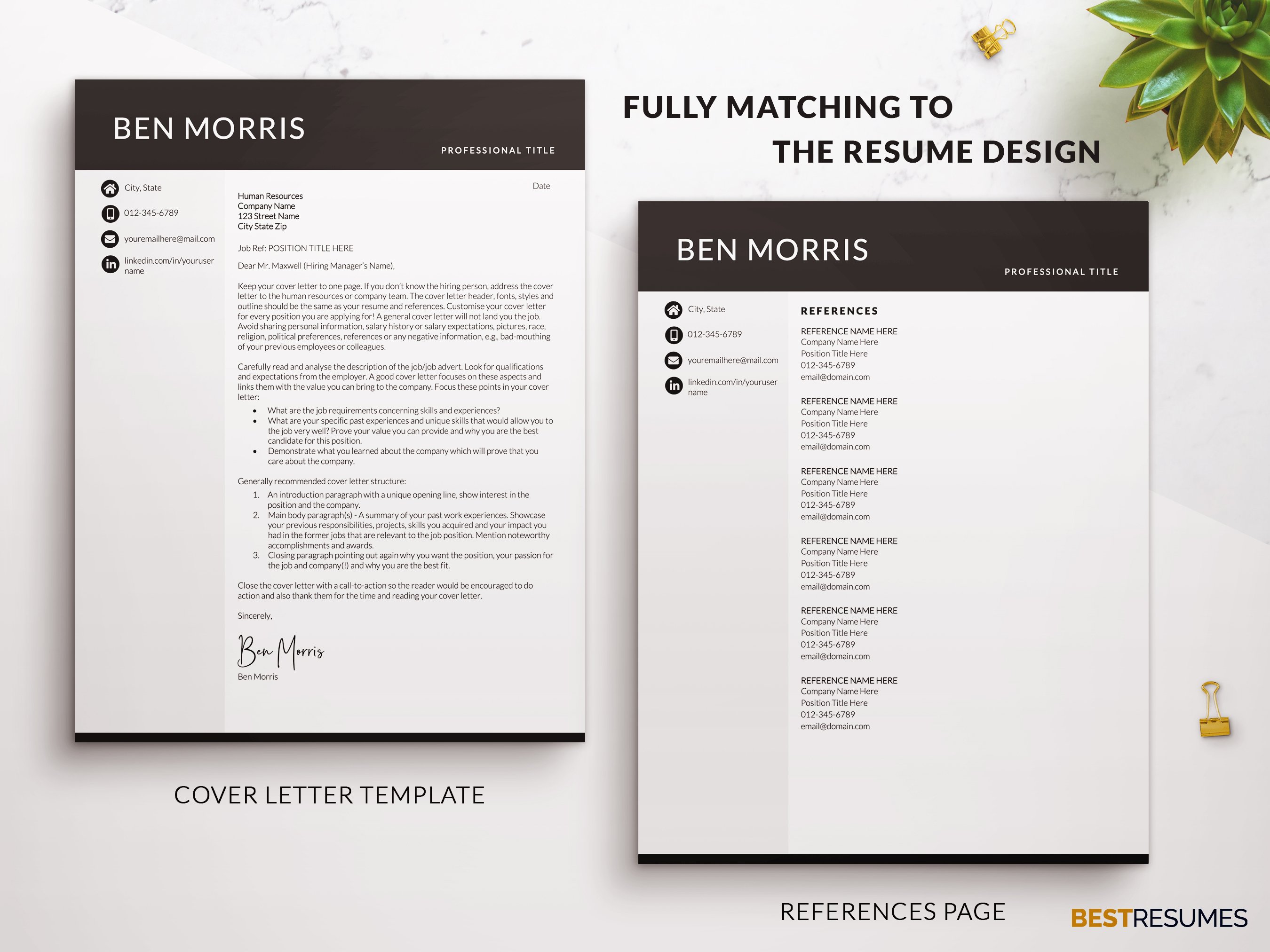 professional resume template modern page cover letter references ben morris 874