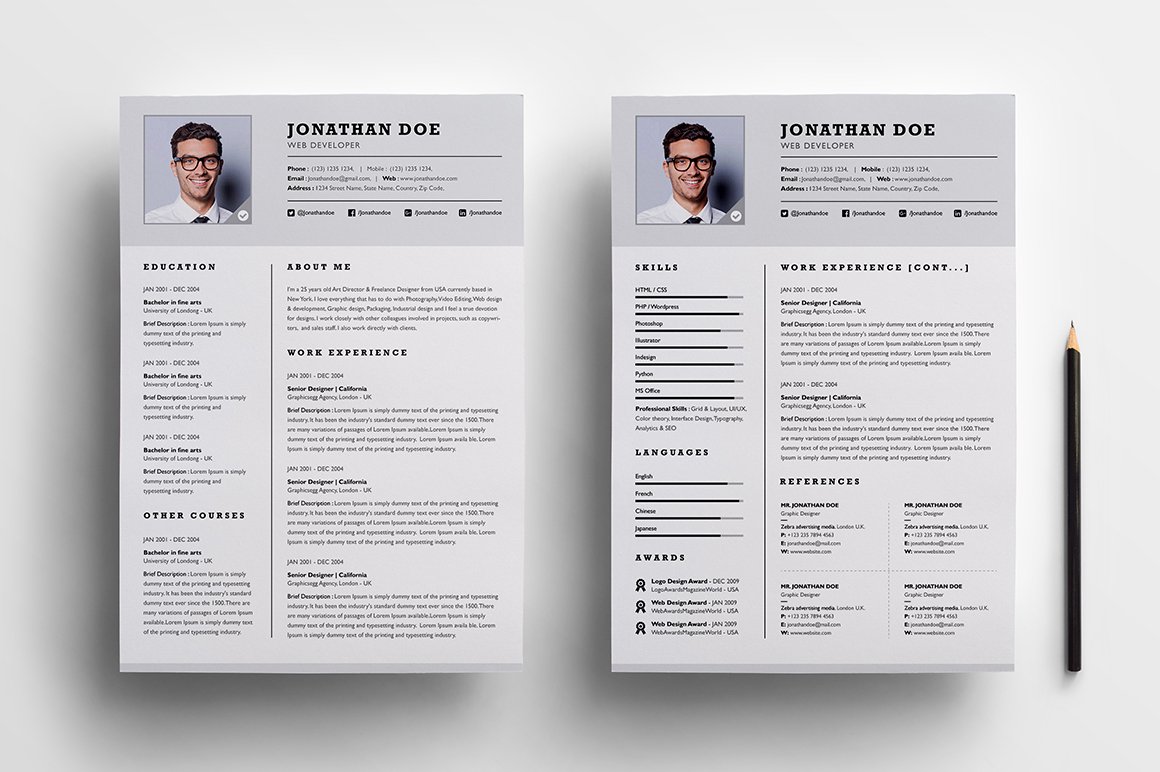 Professional two page resume set cover image.
