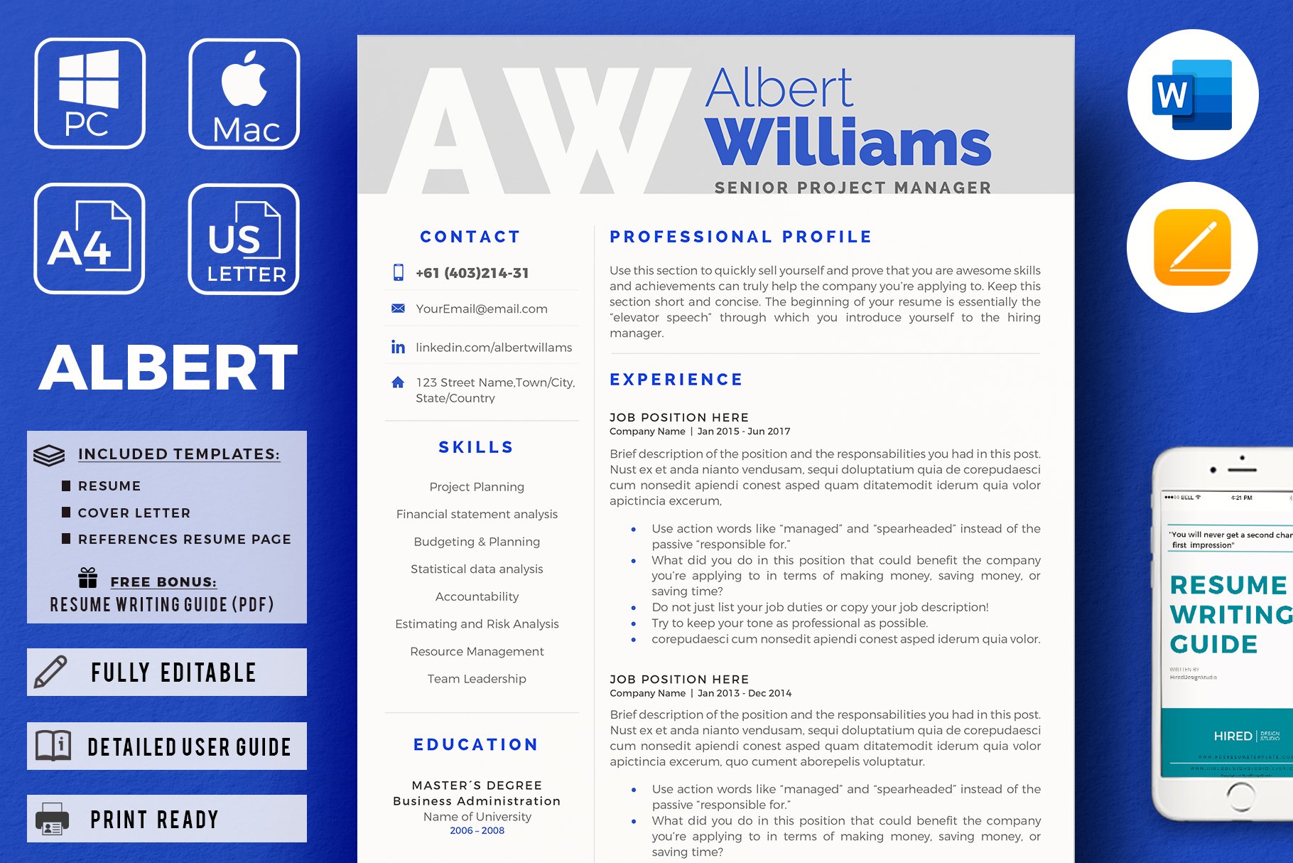 Project Manager Resume, CV templates cover image.