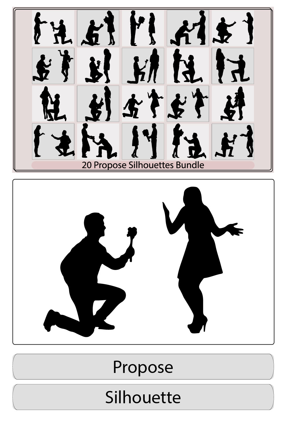 Silhouette of a man makes a proposal to marry the woman vector illustration,makes a proposal to marry the girl,Couple propose silhouettes in different poses pinterest preview image.