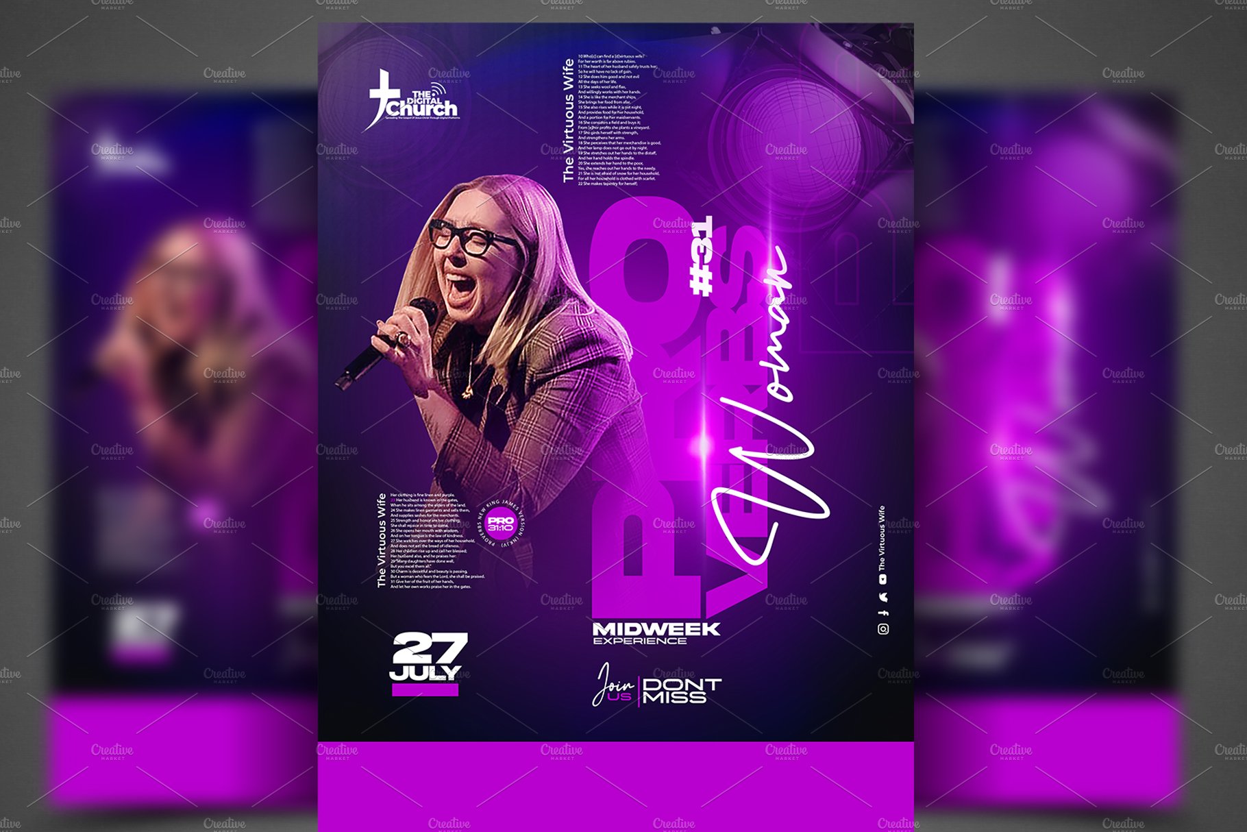 Proverbs woman church flyer template preview image.