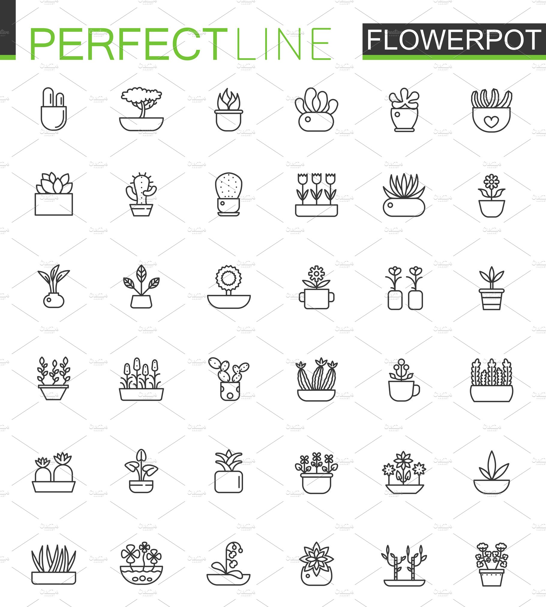 Flowers in pots line icons set cover image.