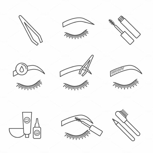 Eyebrows shaping linear icons set cover image.