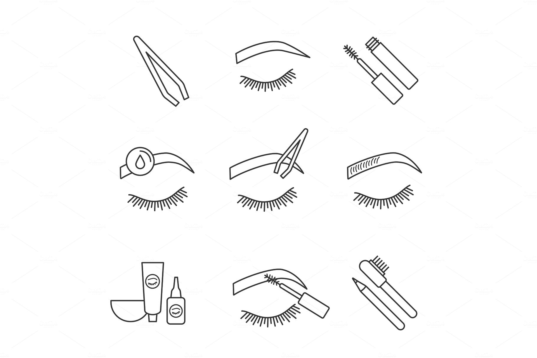 Eyebrows shaping linear icons set cover image.