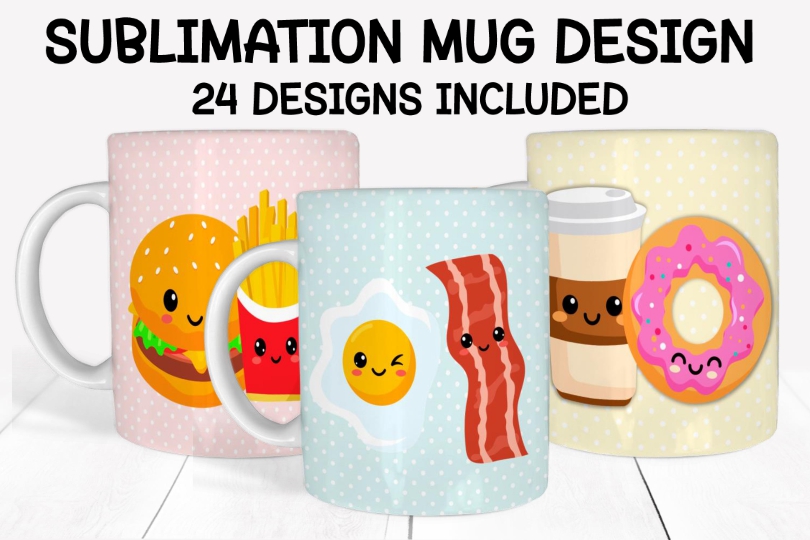 Three coffee mugs with different designs on them.