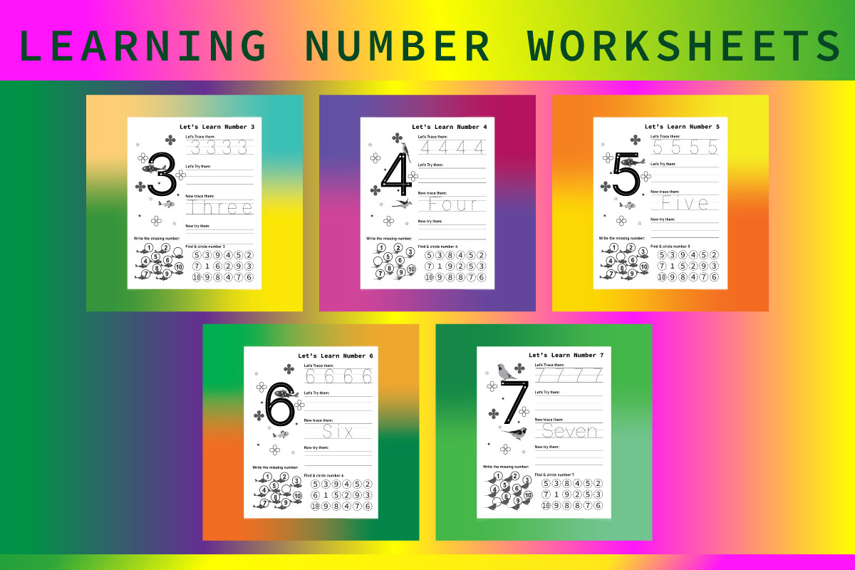 Set of four learning numbers worksheets.