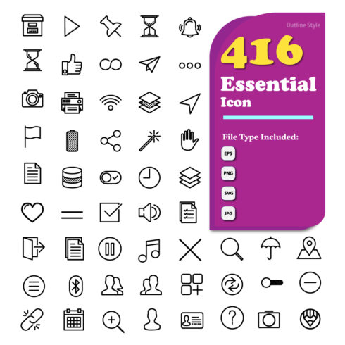 416 Essential Icons set, Outline Style Only $39 cover image.