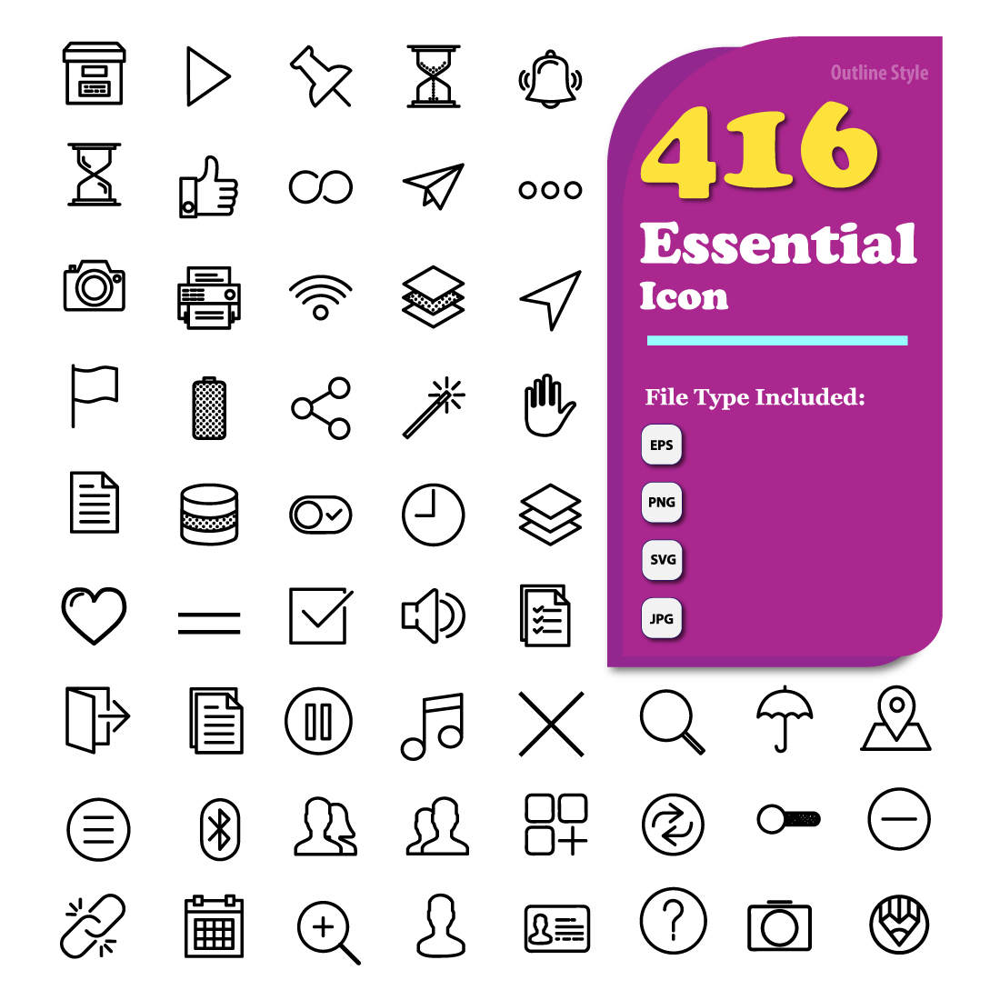 416 Essential Icons set, Outline Style Only $39 cover image.