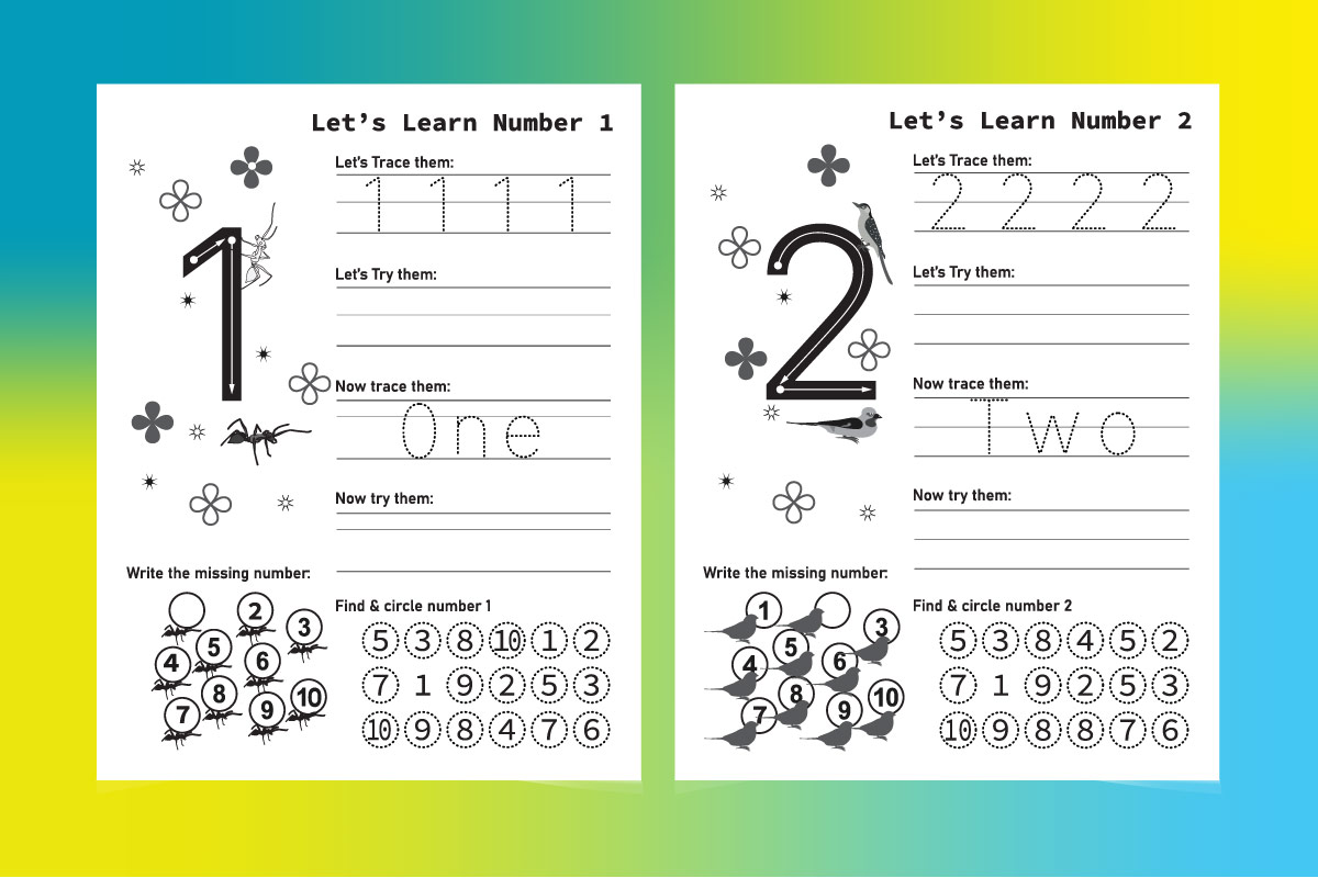 Pair of worksheets for learning numbers.