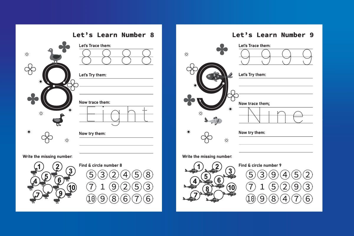 Pair of worksheets with numbers and letters.