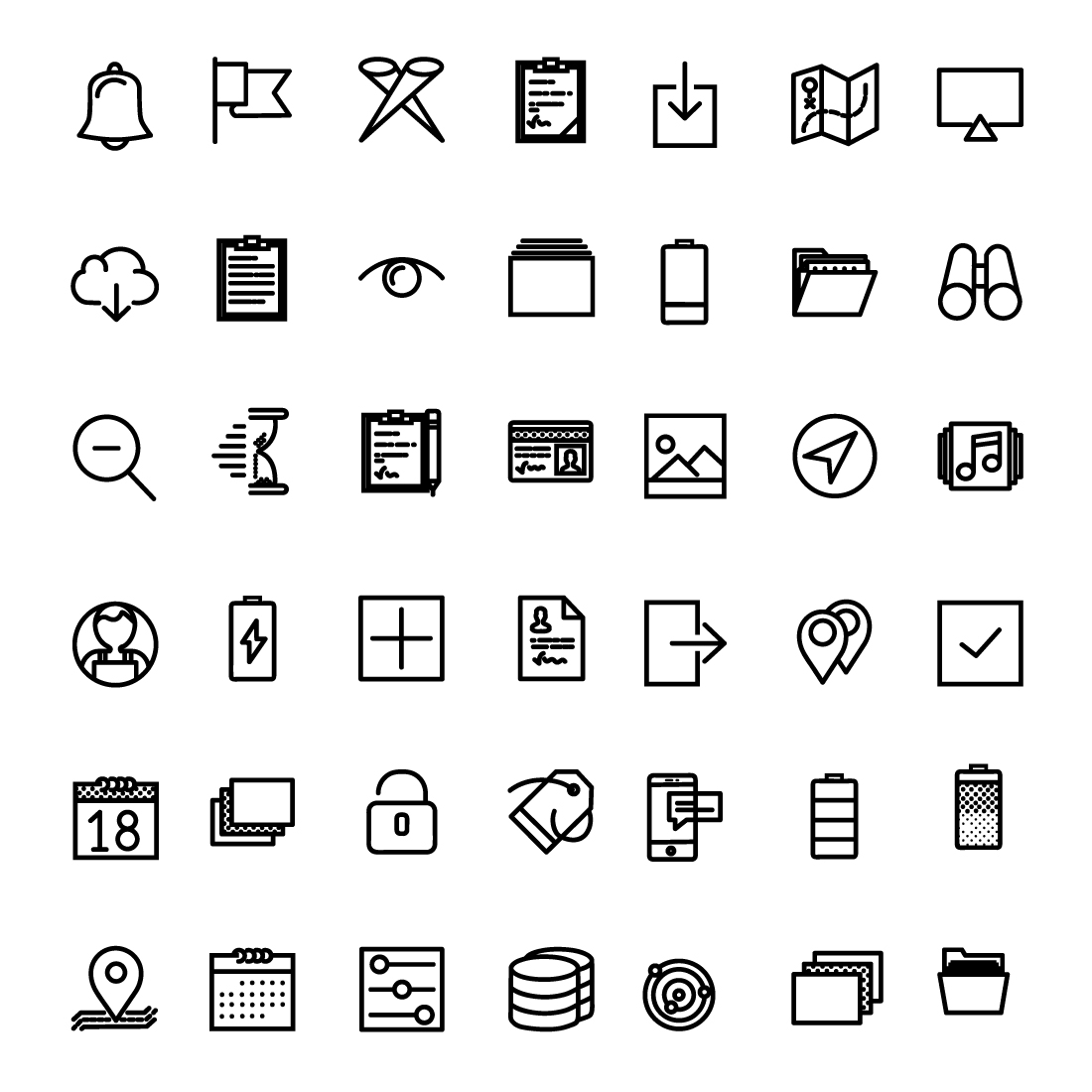 Large set of icons that are black and white.