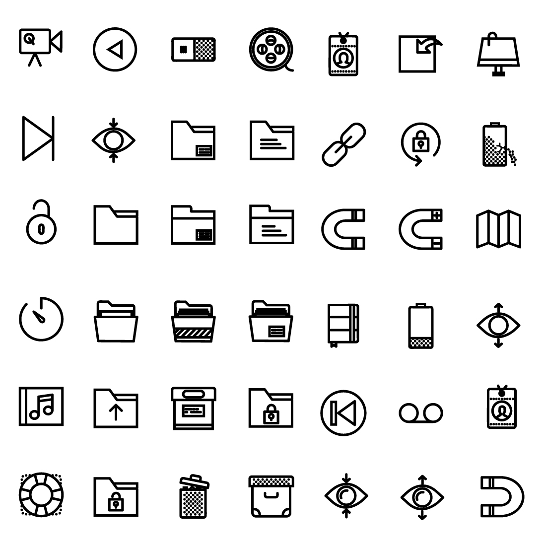 Large set of icons that are black and white.