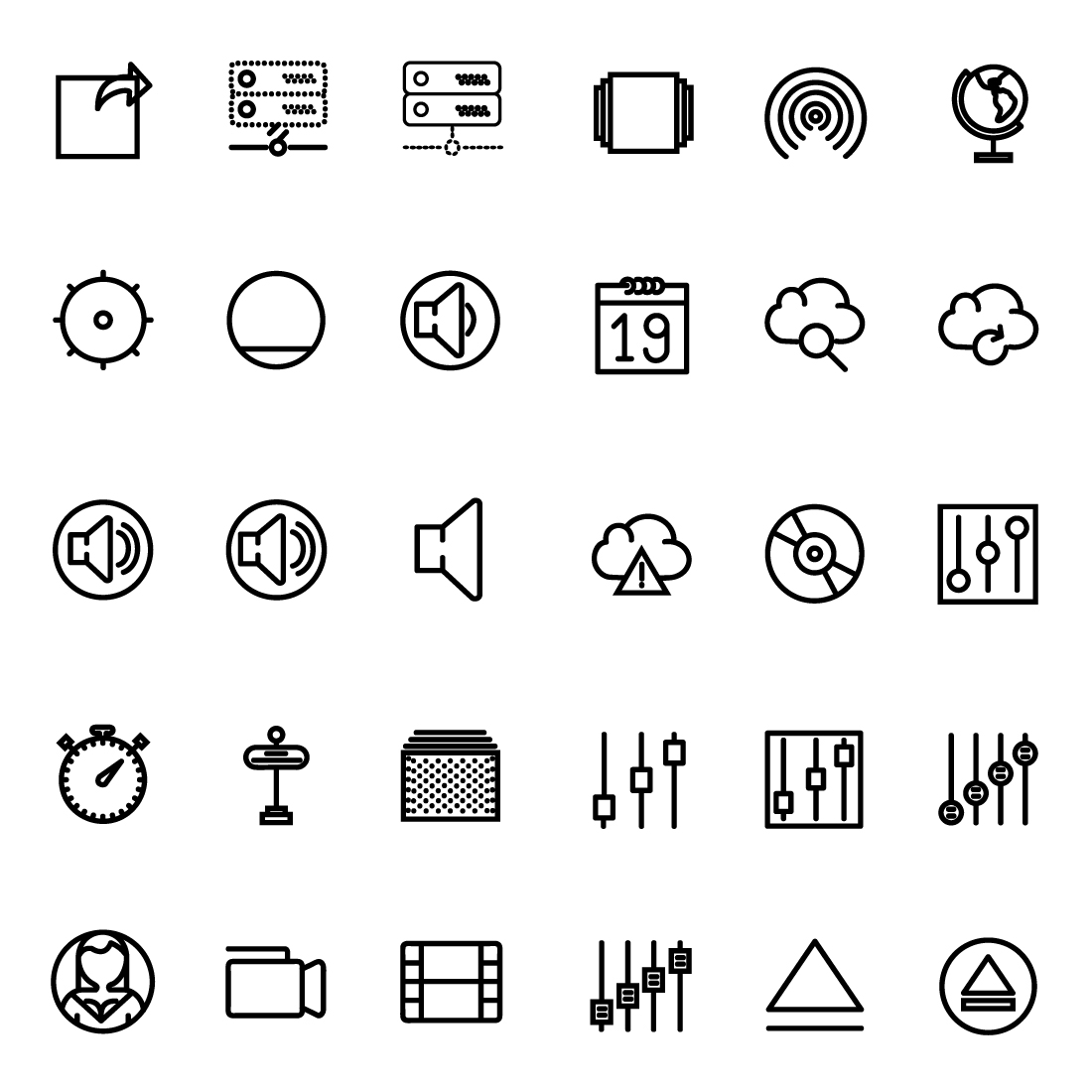 Bunch of different types of icons on a white background.