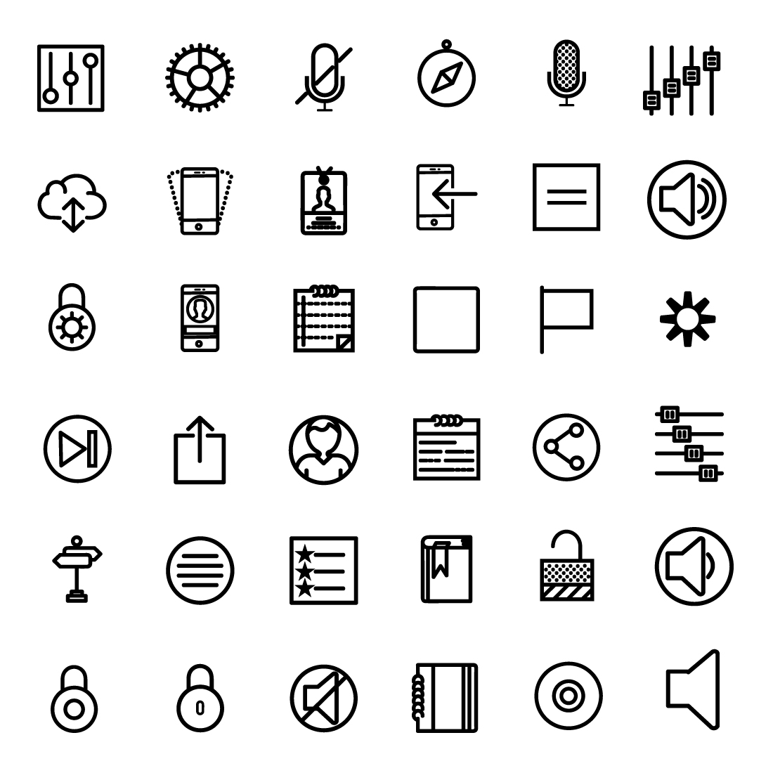Set of different types of icons on a white background.