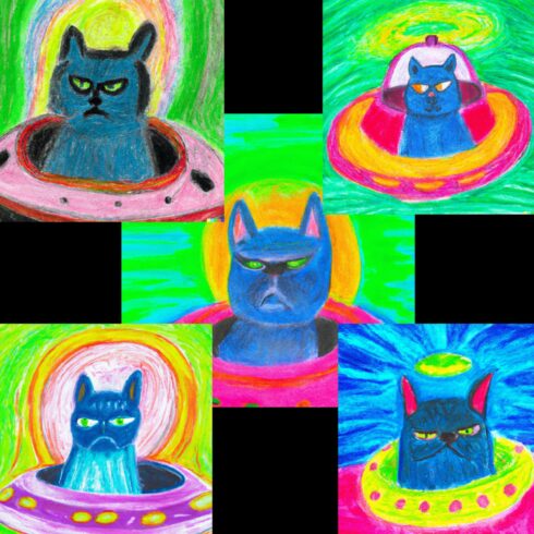 an oil pastel drawing of an annoyed cat in a spaceship cover image.