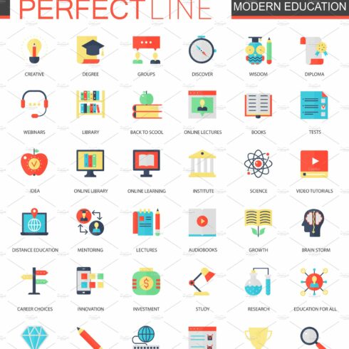 Modern education, e-learning icons cover image.